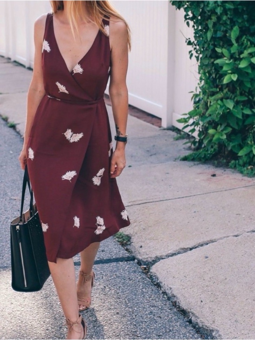 Ann Taylor Burgundy Midi Wrap Dress with White and Pink Feather Motif